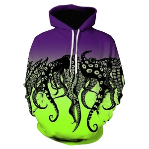 Sudadera con Capucha con Estampado de Pulpo para Hombre, Degradado Morado y Verde, Diseño Animal 3D, Ropa Casual de Otoño, Corte Regular - Product Image 1