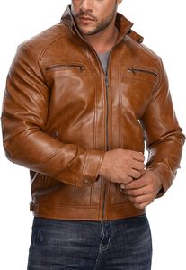 Men Brown PU Leather Moto <b>Biker</b> <b>Jacket</b> Zipper Front Stand Collar Regular Sleeve Solid Color Autumn Style OEM Service Knitted - Product Image 2
