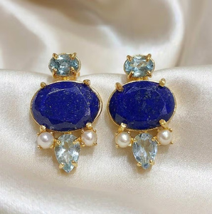 Pendientes llamativos de perlas de topacio azul lapislázuli chapados en oro, base de latón, estilo bohemio, joyería llamativa para mujer - Product Image 2