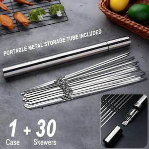 Set di 30 Spiedini per Kebab da 38 cm, Piatti in Acciaio Inox, Utensili per BBQ Portatili e Riutilizzabili con Tubo di Conservazione in Metallo - Product Image 2