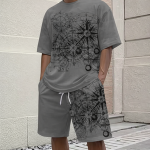 Conjunto de Camiseta y Pantalones Cortos Casuales con Estampado Digital 3D para Hombre, Diseño Retro de Brújula Náutica, Conjunto de 2 Piezas - Product Image 6