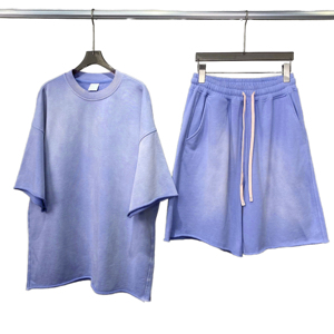 เสื้อยืดคอกลมโอเวอร์ไซส์ราคาถูกสำหรับผู้ชาย/ผู้หญิง รุ่นใหม่ ขายดี เสื้อยืดวินเทจสไตล์ย้อมสีเอซิดพร้อมกางเกงขาสั้นสำหรับผู้ชาย - Product Image 2