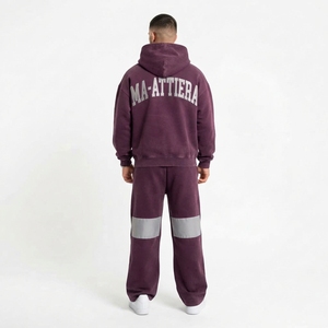 Men Burgundy Gray <b>Zip</b> Up <b>Hoodie</b> Wide Leg Pants Set Contrast <b>Pocket</b> Panel Rhinestone Detail Streetwear Tracksuit Custom OEM ODM - Product Image 4
