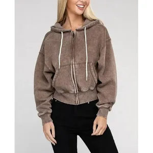 Sweat-shirt à capuche surdimensionné pour femme, marron uni, en coton et bambou tricoté, manches longues, fermeture éclair sur le devant, style automne - Product Image 3