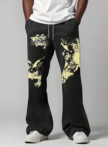 Pantalon de jogging noir à motif graphique, coupe large, avec cordon de serrage, style streetwear décontracté pour homme, en molleton. - Product Image 2