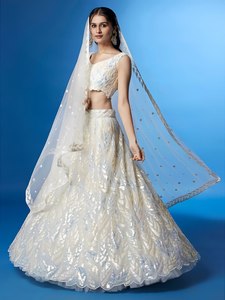 Lehenga Choli de malla tejida blanca con lentejuelas bordadas, conjunto Anarkali moderno hasta la rodilla para fiesta de bodas, atuendo femenino - Product Image 5