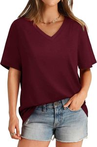 T-shirts pour femmes 100% Coton Haute Qualité, Tricotés Teints Unis, Manches Courtes, Col en V, Coupe Ample, Sport, 2026 - Product Image 2