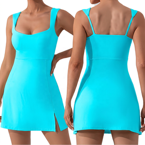 Vestido de Tenis Ajustado con Cuello Cuadrado Rosa para Mujer, Ropa de Verano Transpirable, Color Sólido, Sin Mangas - Product Image 5
