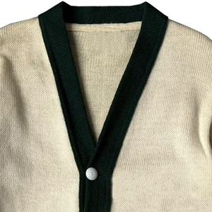 Men's Cream V-Neck Cardigan With Black Trim And <b>Yellow</b> Stripe Sleeve Full Sleeve Cotton Knit Sweater Autumn Wear - Product Image 5
