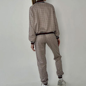 Women Plaid <b>Tracksuit</b> Set Full Sleeve Zipper Front Casual Jogger Pants With Side Pockets Autumn Wear - Product Image 2