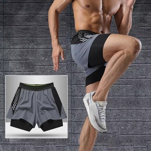 Men's Gray Quick Dry Sport Shorts With Black Inner <b>Layer</b> Elastic Waist <b>Mid</b> Rise Short Shorts Solid Color Knitted Fabric - Product Image 6