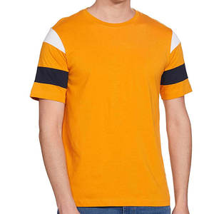 <b>Men's</b> Premium 100% Cotton Mustard Yellow Stripe <b>T</b>-<b>Shirt</b> | Navy <b>White</b> Sleeve Detail Crew Neck Tee | Quick Dry Short Sleeve Urban - Product Image 1