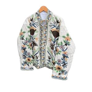 Wholesale Unisex 100% Cotton <b>Velvet</b> Knitted Stand Collar Quilted <b>Jacket</b> Regular Floral Embroidery Winter Autumn Spring - Product Image 1