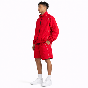 Wholesale Red Nylon Track Set <b>Men</b> Zip <b>Jacket</b> Shorts White Piping Streetwear Y2K OEM Supplier USA Bulk <b>Summer</b> Sports Wear <b>Jackets</b> - Product Image 3