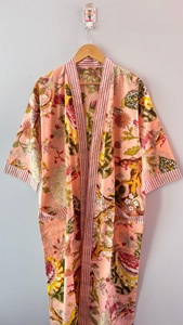 Lightweight Hand Printed Cotton <b>Kimono</b> Robe Women Long Bathgown Beachwear Cover-Up <b>Beach</b> Wear Cotton <b>Kimono</b> Robe Dressing Gown - Product Image 2