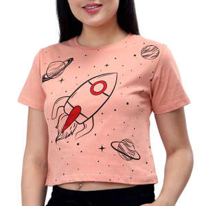 Camiseta Corta Ecológica para Mujer con Estampado Gráfico de Cohetes Espaciales, Informal, de Primavera, con Colores Personalizados y Manga Corta - Product Image 2