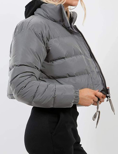 Premium Quality Cropped Puffer <b>Jacket</b> Stand Collar Zipper Quilted Puffy Long Sleeve Winter Coat Material Oversized Casual - Product Image 2