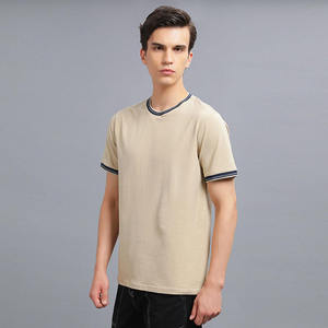 T-shirt décontracté pour homme, col rond, beige, manches courtes, bordure rayée, été, basique, personnalisable avec logo, OEM, ODM, vente en gros de vêtements - Product Image 2