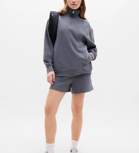 OEM Custom Logo 1/4 <b>Zip</b> Collar Women's Sweatshirt and Short Set Pullover Oversized for Autumn Winter 320 GSM Fleece Cotton/Poly - Product Image 2