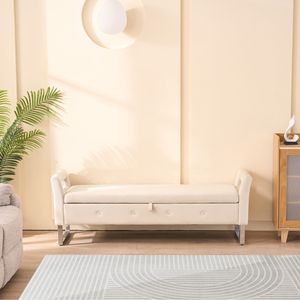 67.91\" Beige Wide Velvet Storage Soft <b>Bench</b> with Armrests for Living Room <b>Entryway</b> Bedroom Furniture - Product Image 2