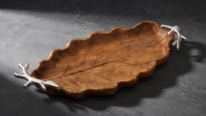 Plateau de service en bois de manguier finition noyer, en forme de feuille, avec poignées en branches argentées - Product Image 5