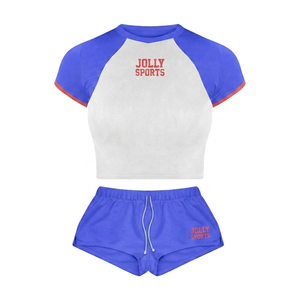 Women booty short set 200 GSM polyester spandex royal <b>blue</b> white raglan cropshort custom logo sublimation Women Booty Set - Product Image 3