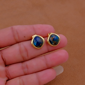 <b>Sapphire</b> September Gold Plated Cushion Studs <b>Earrings</b>- <b>Blue</b> Mohave Square Gemstone Stud <b>Earrings</b>-Handmade Brass Chic Jewelry R - Product Image 4