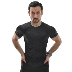 T-shirt de compression pour homme à motif diagonal fin, manches raglan courtes, col rond, séchage rapide, coupe ajustée, haut d'entraînement, fournisseur OEM en gros personnalisé - Product Image 1