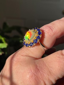 Fancy Large <b>Opal</b> Dark Blue Sapphire Post Halo <b>Earrings</b> Ring Set 925 Sterling Silver Gold/ elegant luxury cocktail set - Product Image 2
