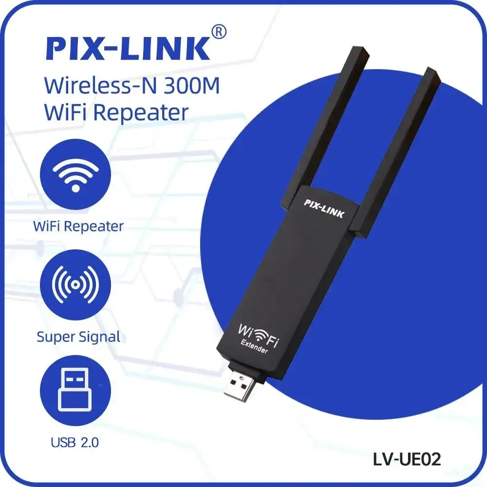 Pix-link UE02 Repeater WiFi nirkabel USB, Repeater WiFi bertenaga Usb, penguat sinyal 300Mbps, antena ganda