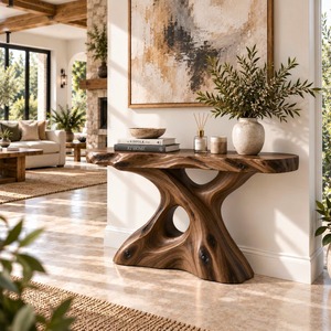 Console moderne rustique en bois massif, design à base croisée fait main, pour entrée et salon - Product Image 4