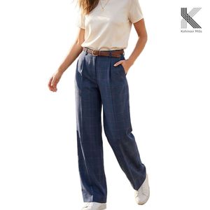 Pantalon large à taille haute pour femme, à carreaux, en coton, plissé, longueur intégrale, style décontracté, pour le printemps - Product Image 2