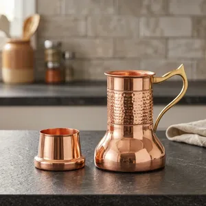 Carafe à eau en cuivre avec couvercle, pichet artisanal vintage en cuivre pur, serveur de boissons traditionnel en métal, vaisselle décorative pour la cuisine - Product Image 2