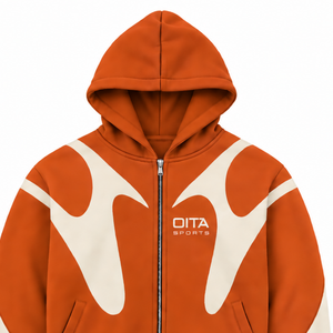 Sudadera con capucha y cremallera completa para hombre, estilo urbano, con paneles en contraste naranja, manga larga, personalizada, informal, de forro polar, con bolsillo. - Product Image 3
