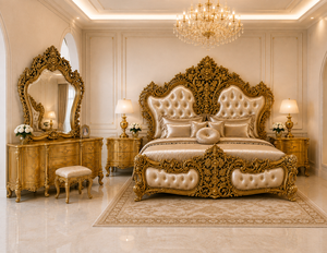Colección de Dormitorio Royal Aurelia Palace, Cama King Size de Madera de Teca Tallada a Mano en Oro Antiguo con Mesitas de Noche a Juego, Juego de Muebles - Product Image 2