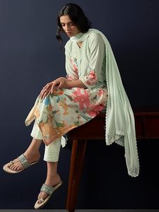 Women's <b>Linen</b> Printed Straight Kurta Pant with Dupatta - Product Image 2