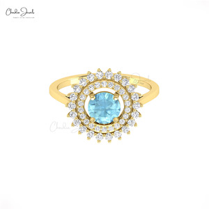 Natural 6mm Round Cut Aquamarine Floral Halo <b>Ring</b> with Diamond <b>Cocktail</b> <b>Ring</b> In 14k Solid <b>Gold</b> Celestial Jewelry for Women - Product Image 2