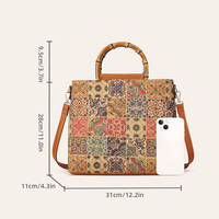 Sac fourre-tout en cuir PU pour femmes, poignée supérieure en bambou, bandoulière amovible, sac à bandoulière vintage à fleurs, grande capacité avec fermeture éclair