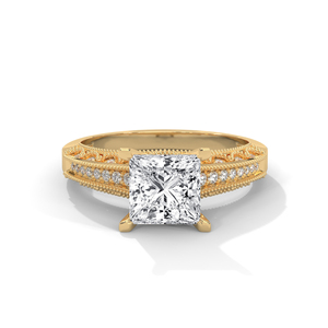 แหวนหมั้นเพชรทรงปรินเซสคัท เพชรเลี้ยงในห้องปฏิบัติการ ทอง 14K สไตล์วินเทจ สำหรับผู้หญิง - Product Image 1