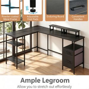 Reversible L-Shaped Corner <b>PC</b> Desk with 4-Position Adjustable Shelf Foldable Fabric Drawers Charging Station Monitor <b>Stand</b> - Product Image 5