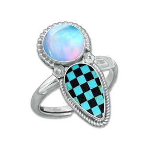 Wholesale Aurora Opal Checkerboard <b>Turquoise</b> <b>Rings</b> Adjustable 925 Sterling Silver Handmade Statement Design At Best Price - Product Image 2