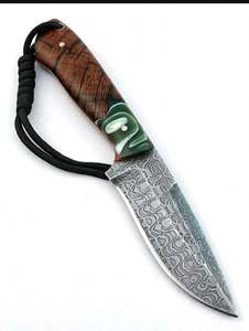 Custom Handmade Fixed Blade Damascus Steel Camping <b>Knife</b> with <b>Carved</b> Wood Green Resin Handle DIY OEM - Product Image 5