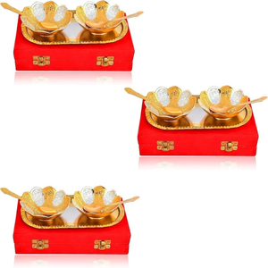 Flower Shape Gold Silver <b>Bowl</b> Set with Tray and Spoons Decorative <b>Metal</b> Serving <b>Bowls</b> Luxury Dry Fruits Sweets Snacks Home Dini - Product Image 6