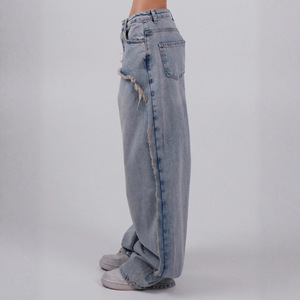 Vaqueros de mezclilla de cintura alta y pierna ancha con patchwork, corte holgado, largo completo, de algodón lavado a la piedra, estilo casual para mujer, estilo otoñal - Product Image 3