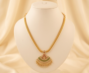 Divyoro Classic <b>Copper</b> Navratri Short Fan Pendant Necklace Yellow Gold Plated Cubic Zirconia Stones Adjustable Length Women - Product Image 1