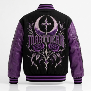 <b>Men</b> Black Purple Leather Sleeve <b>Jacket</b> Custom Rose Embroidery <b>Gothic</b> Floral Streetwear Snap Button Bomber - Product Image 5