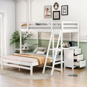 Letto a Castello Bianco con Scrivania Integrata e Tre Cassetti per Bambini - Product Image 1