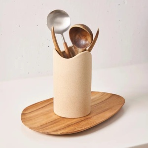 Natural Ceramic <b>Utensil</b> <b>Holder</b> Matte Finish Ergonomic Cut Edge Thick Build Heat Safe <b>Kitchen</b> Countertop Storage Organizer - Product Image 6