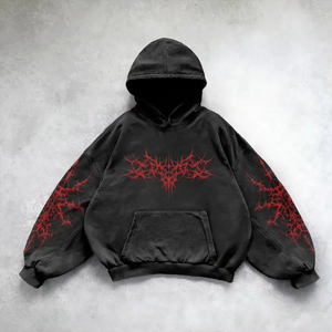 Sudadera con Capucha Negra Extra Grande con Diseño de Estampado Gótico Rojo, Estilo Otoñal para Hombre, Felpa Francesa de Algodón, Corte Regular, Bolsillo Frontal - Product Image 1