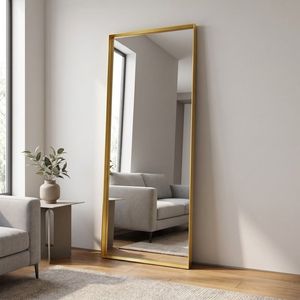 Miroir sur pied rectangulaire de 21x64 pouces avec cadre profond, design minimaliste doré fait main - Product Image 1
